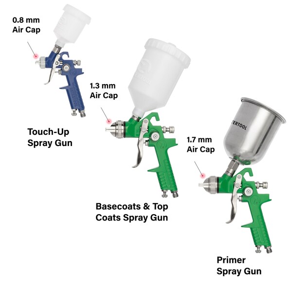 HVLP Air Spray Gun 3-Pack, 0.8, 1.3, 1.7 Mm Air Caps, Air Regulator, 3 Cups